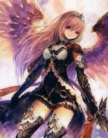 a girl with angel wings is holding a sword and a shield .