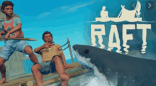 a video game called raft shows a shark attacking two men on a raft