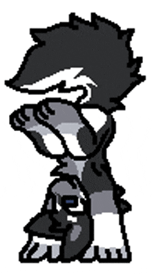 a pixel art drawing of a black and white animal covering its face with its paws .