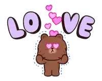 a brown bear wearing heart shaped glasses with the word love above it