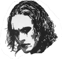 a black and white drawing of a person 's face with long hair