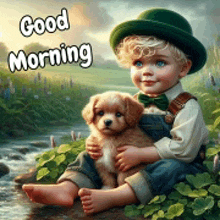 a little boy is sitting next to a river holding a puppy and says good morning .