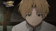 a poster for mushoku tensei shows a boy with brown hair and green eyes