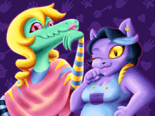 a cartoon drawing of a lizard and a purple cat