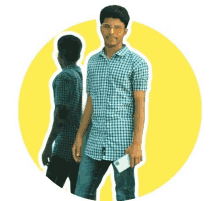 a man in a plaid shirt is standing in front of a yellow circle