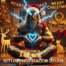 a poster with a man in a santa hat and the words merry christmas