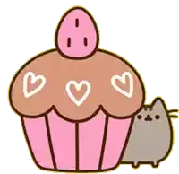 a cat is standing next to a cupcake with hearts on it .