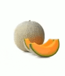 a cantaloupe with a slice taken out of it is on a white background .