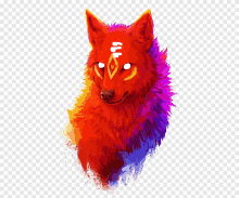 a colorful painting of a red wolf with the number 666 on its head