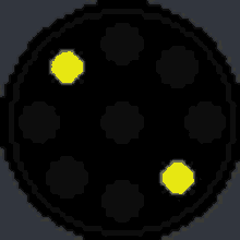 a pixel art drawing of a black circle with yellow dots in it .