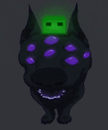 a cartoon dog with purple eyes and a green head