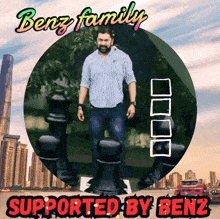 a picture of a man standing in front of a chess board with the words benz family supported by benz