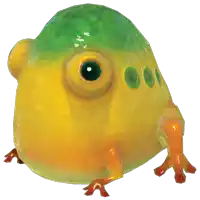 a yellow and green frog with big eyes and red feet