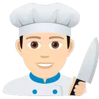 a chef is smiling and holding a large knife in his hand