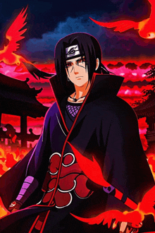 a drawing of itachi from naruto with red birds flying around him