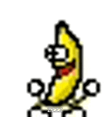 a pixel art drawing of a banana with a red bow tie and a fist in the air .