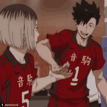 a couple of anime characters one with the number 1 on their shirt