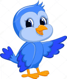 a cartoon blue bird is standing with its wings outstretched and pointing .