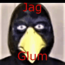 a close up of a person wearing a black mask with a yellow beak and the words jag glum written on it .