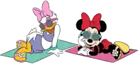 daisy duck and minnie mouse wearing sunglasses on a beach towel