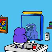 a cartoon of a purple frog looking at his reflection in a bathroom mirror