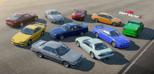 a bunch of cars are lined up on a track with the words drift racing 3 on the bottom right