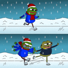 two frogs are ice skating in the snow