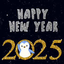 a happy new year poster with a penguin on it