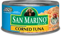 a can of san marino brand corned tuna has a woman on the label