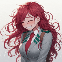 a girl with red hair is smiling in the rain with her eyes closed