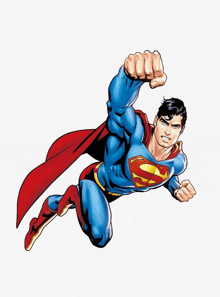 superman is flying through the air with his fist up