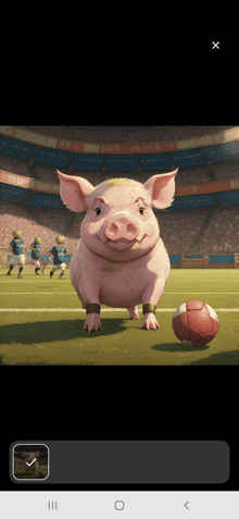 a pig is standing on a soccer field next to a football