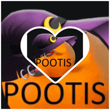 a picture of a duck with a purple hat that says pootis