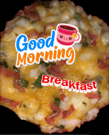 a pizza with a cup of coffee and the words good morning breakfast