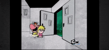 a cartoon character is standing in front of a door that says cn on the bottom