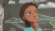 a cartoon girl is standing in front of a chalkboard with drawings on it and the words spirit riding free on the bottom