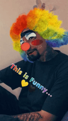 a man dressed as a clown with the words " this is funny " on the bottom