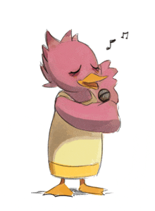 a pink duck singing into a microphone with music notes behind it