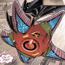 a comic book character is flying through the air with a starfish costume .