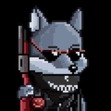 a pixel art drawing of a wolf wearing sunglasses holding a gun