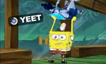 a cartoon of spongebob and a girl with the word yeet on it