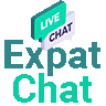 the logo for expat chat shows a live chat speech bubble .