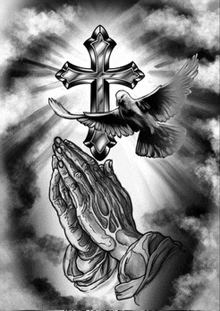 a black and white drawing of praying hands with a cross and a dove