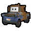 a cartoon drawing of a rusty truck from cars with a white face .