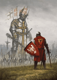 a painting of a knight holding a sword and shield with the letter v on his back