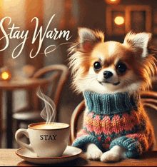 a small dog wearing a sweater sits next to a cup of coffee that says stay on it