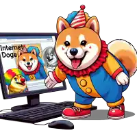 a cartoon dog dressed as a clown is standing in front of a computer monitor that says internet doge