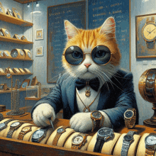 a painting of a cat wearing sunglasses and a bow tie in a watch store