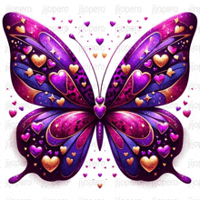 a purple and pink butterfly with hearts on its wings is on a white background