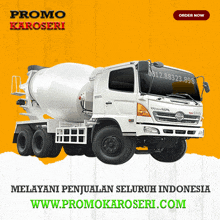 a white concrete mixer truck is advertised on a yellow background